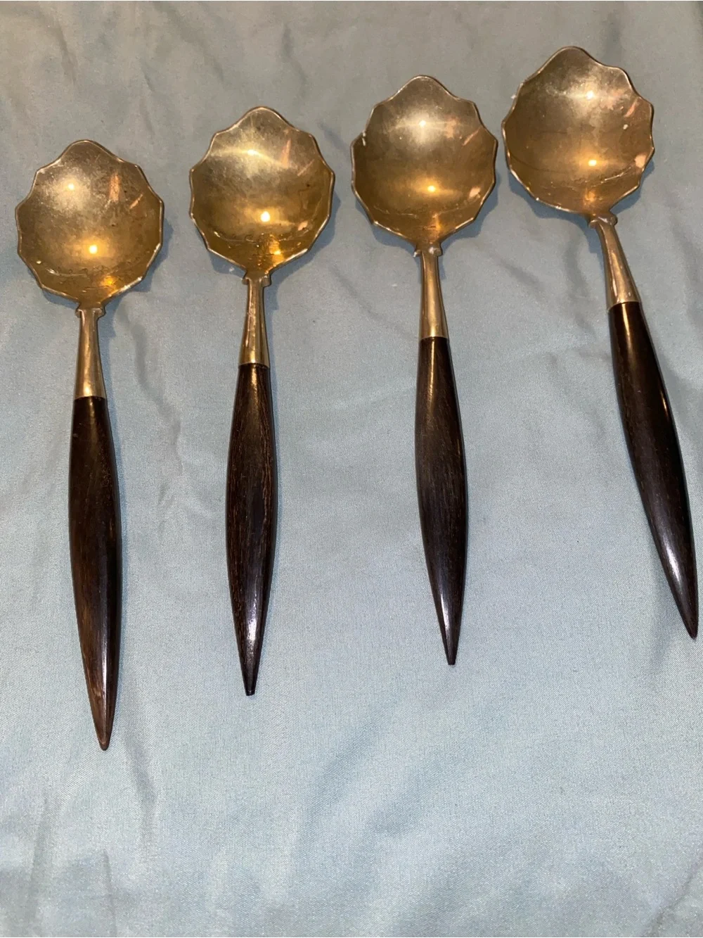 Vintage rare Polished Gold-Tone Serving Spoons with Dark Wood Handles - Set of 4